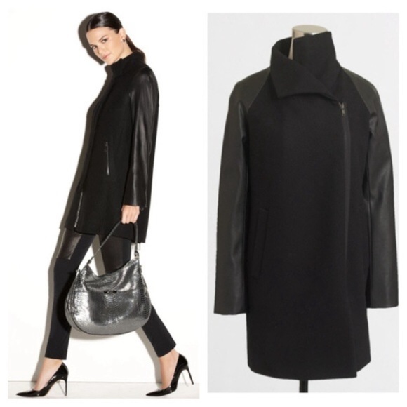 J Crew Wool Coat Leather Sleeves - Picture 1 of 6